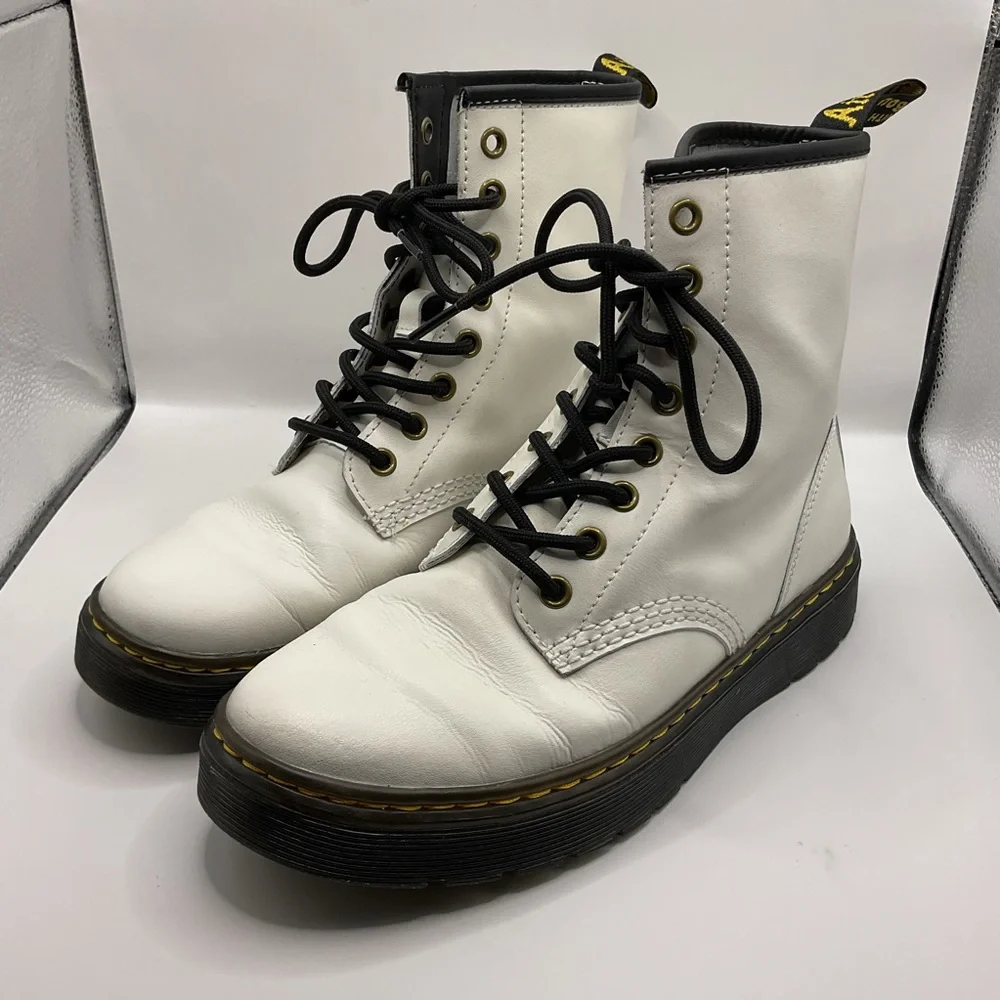 Doc Dr. Martens White Leather AirWair Zavala Combat Boots, US M 6 USL-7‎ B
